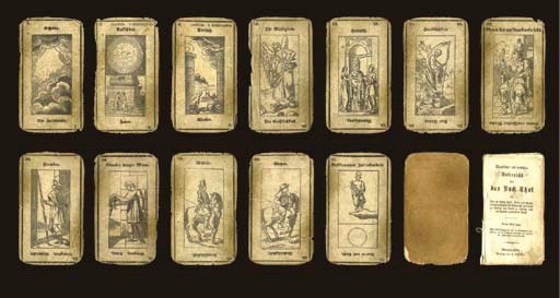 Grand Etteilla I Tarot, 1857, Stuttgart, Verlag von J. Scheible, 77 of 78 cards, (lacks 9 of batons, card number 27), woodblock printed in black.  Cards are numbered 1 to 78, full length figures, double-ended card titles or meanings in German, cards 1 to 5 and 8 to 12 have titles reading upright instead of reversed, cards 2 to 8 have text across the top referring to the elements and day of creation but not in sequence of the card numbers, cards numbered 2 to 12 include signs of the zodiac, cards 13 to 17 include extra number at upper right that has one value higher than the card number, except card number 17 Motality depicting the Reaper of Death has number 13 at upper right, these extra numbers are explained as signes de mort (signs of death), Arabic numerals, unusual Italian suits, two indices, round corners.  Includes original booklet, Theoretischer und praktischer Unterricht uber das Buch Thot, 144 pages of which 94 refer to the cards, the balance describes other titles for sale by the publisher in the fields of occultism, magic, magnetism, etc.  Backs plain.  Size 2 5/8 in. (6.5 cm) high, 4 1/2 in. (11.4 cm) wide.  Cards heavily worn, tears and losses to most cards, but images with text intact on all cards except number 36, booklet detached, lacks cover.