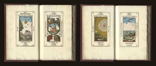 Grand Etteilla II Tarot Bound in a Book, circa 19th century, France, 78 of 78 cards, hand-colored wood engravings and letterpress on single sheets, rebound in cloth hard cover book.  Cards are numbered 1 to 78, full-length figures, double-ended card titles with reversed meanings plus text covering the seven days of Creation on cards numbered 2 to 8, Arabic numerals, unusual Italian suits, four indices, each card is designated "Droit" and "Renverse" for right and reverse meanings, card titles in italics also are repeated on both sides, card 1 reads, ETTEILLA, card 8 reads ETTEILLA/LA QUESTIONNANTE, card 4 contains astrological symbols for Monday through Saturday within panel of the card imagery, card 5 includes zodiac symbols for Aquarius, Scorpio, Taurus and Leo within panel of the card imagery, card 78 reads La Folie, ou L'Alchimiste.  Comparison to the Grand Etteilla II deck published circa 1890 by Z. Lismon reveals the same plates were used on most of the cards, but size and style of lettering differs on some cards between the two decks, card 29 has a different image inset in the bottom panel, card 56 has a bust that appears on card 58 in the circa 1890 Lismon pack, the bust on 57 is the same as the bust in Lismon's 62, the bust on 58 belongs to card 56 in Lismon, the bust on 62 appears on 57 in Lismon, the image of a seated woman on 69 appears on 73 in Lismon, the image on 73 is taken from 69 in Lismon, also the text running vertical along the left sides of the kings, queens, valets and 10 to ace in the suits of coupe and epee corresponds to the French suit signs of coeur and pique on the right side, but the suit of batons on the left is shown on the right side as corresponding to carreau (diamonds), and denier (coins) on the left is written trefle (clubs)on the right. The cavaliers in each suit are described with the same titles on both sides.  Card size at black border 4 1/2 in. (11.4 cm) high, 2 7/16 in. (6.1 cm.) wide, book size 7 3/8 in. (18.6 cm) high, 4 1/2 in. (11.3 cm) wide.  In generally fine condition.
