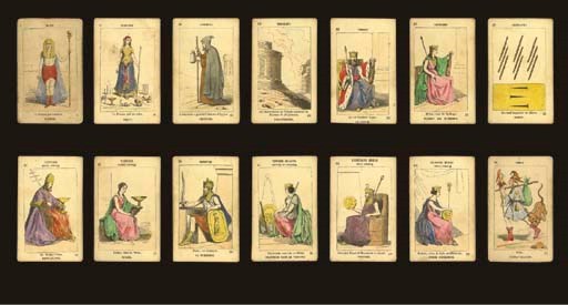Princesse Tarot, circa 1880s, Paris, Watilliaux, 78 of 78 cards, stencil colored process-line engravings.  Although similar to the conceptual designs of Etteilla, the images have numerous deviations with primary emphasis on the history, culture and people of Egypt plus other empires of the time period, full-length figures, double ended French titles and card meanings, Arabic numerals, unusual Italian suits, two indices, round corners.  Trump I is GENIE, the male consultant with red cape, 8 is DOUCEUR, the female consultant, 8 is the hermit of the Thebaid of Egypt, 19 Rameseusm, the mortuary temple of Ramses II at Thebes, 22 king of clubs is Ptolemy wearing a red robe, 23 is Didon, queen of Carthage, 36 king of cups is designated The High Priest, 37 is Esther, queen of Persia, 50 king of swords is Ninus of Assysria, 51 is Semiramis, queen of Assyria,  64 king of coins is the Egyptian monarch, Sesostris, 65 is Makeda, queen of Sheba and Ethiopia, and 78 The Fool.  Backs are plain.  Size 4 1/8 in. (10.3 cm) high, 2 5/8 in. (6.7 cm). Worn, two corners trimmed off on 46 but without interference to image.