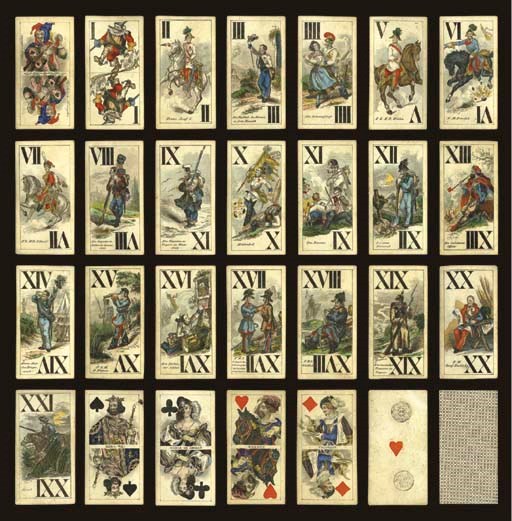 Military Tarock of Emperor Franz Josef, Deck I, 1854, Vienna, Josef Glanz, 54 of 54 cards, stencil-colored steel engravings, ace of hearts contains Austrian monarchic tax stamp, 10 kreuzer (valid 1850-1857), duty office number 61 for Vienna, and the name GLANZ JOSEPH WIEN 1854. Designed by J. Surch as evidenced at lower left of trump XV.  Trumps are full-length figures, double-ended Roman numbers, and captions identify officers or describe military scenes.  This is the first version of four Military Tarock decks featuring Emperor Franz Josef I at different periods in his life. In this deck trump II shows the emperor clean shaven, III The return home of a brave soldier, IIII Old acquaintances, V General Baron Franz Ludwig von Welden, and "FJ1" on saddle pad, VI General Major Ludwig Ritter von Benedek, VII Count Banus Josef Jellacic, VIII An outpost in Italy during the winter of 1848, IX An outpost in Hungary during the winter of 1849, X An heroic death in battle, XI Bivouac, XII A faithful companion is buried, XIII A Serreshaner officer, XIV Hooray, it's wartime, XV Quartermaster General Baron Julius Jakob von Haynau, XVI A dying soldier, XVII Field Marshall D'Aspre decorated on the battlefield of the brave, XVIII Lieutenant Field Marshall Count Franz Joseph von Schlick, XIX A Russian outpost in Hungary, XX Field Marshall Count Johann Joseph Radetsky, and XXI A Cossack.  Courts are double-ended and named theatrical, royalty or prominent figures in colorful costume, French suits, no indices, square corners.  Backs are a geometrical pattern of dots and asterisks in dark greenish brown.  Size 4 in. (10.5 cm.) high, 2 1/8 in. (5.5 cm.) wide. Slightly worn.  Kaplan II, 453.