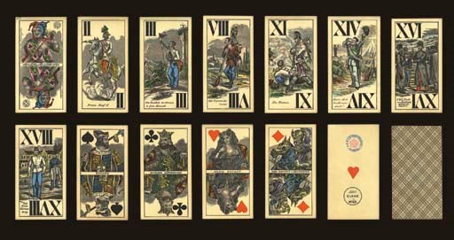 Military Tarock of Emperor Franz Josef, Deck 4, circa 1885, Vienna, Josef Glanz, 54 of 54 cards, lithography with stencil-colored suit signs, ace of hearts contains Austrian monarchic tax stamp, 30 kreuzer (valid 1882-1899) and the name GLANZ JOSEF in WIEN.  Designed by J. Surch as evidenced by initials "IS"and year "1849" on king of diamonds. Trumps are full-length figures, double-ended Roman numerals, and theatrical or prominent figures in colorful costume, French suits, no indices, square corners.  This deck differs from Deck 3 of Military Tarock of Emperor Franz Josef by the designation on the jack of hearts of a new address, "Kohlmarket No. 1 in Wien" instead of "Kohlmarket No. 20 Wien" and a plaid tarotee back design.  Size 2 1/8 in. (5.3 cm.) high, 4 1/8 in. (10.3 cm.) wide.  XV has minor corner loss, otherwise cards are in generally fine condition. Kaplan II, 455.