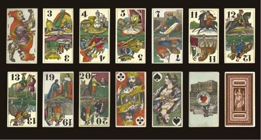 Microscopic Tarock No. 244, circa 1875, Frankfurt/M, B. Dondorf, 78 of 78 cards, stencil colored lithography, ace of hearts contains Italian monarchic tax stamp, 50 centesimi (valid 1874-879).  Trumps, double ended, Arabic numerals, depict pictures of people, occupations, objects and scenes from Germany, Russia, France and England, trumps 2 to 5 depict objects of great value, trumps 6 to 9 are tradesmen and occupations, for example, 6 German sculpturer/British alchemist, 7 Russian engineer/Russian ship builder, 8 British poet/British theologian, 9 French painter/French physician, trumps 10 to 13 are royalty and military figures, trumps 14 to 17 depict persons of wealth and social standing, trumps 18 to 21 depict affairs of state, negotiations and homage to persons of stature and nobility, double-ended Arabic numerals, and the name B. DONDORF across center of each trump, The Fool is named EXCUSE.  Courts are double ended and named, such as Pierre Le Grand for king of spades, Marie de Medicis for queen of hearts, Eugene for cavalier of clubs, Shakespeare for valet of diamonds, French suits, no indices, square corners, unusual feature of this deck is that, while kings and queens have an ornamented background, and cavaliers a light blue background, the valets have plain white backgrounds, French suits, no indices, square corners, aces depict palaces of Europe.  Backs are standing Roman woman with vase and flower within panel with words B. DONDORF and FRANCFORT in brown.  Size 4 3/16 in. (10.6 cm.) high, 2 5/16 in. (5.8 cm.) wide.  Slightly worn, original tuck box in blue somewhat damaged.  Kaplan I, 312.