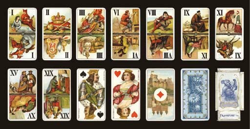 Microscopic Tarock No. 345, circa 1929, Frankurt/M, B. Dondorf, 78 of 78 cards, chromolithography, tuck box has two U.S. tax stamps (valid 1929-1940).  Trumps and Roman numerals double ended, depict pictures of people, occupations, objects and scenes from Germany, Russia, France and England.  Reprint of 19th century version of No. 244 except for Roman numerals.  Courts are double ended, named, Roman numerals, French suits, no indices, aces depict different castles, round gilt corners. Backs are a branch of thistle within a panel in blue over-printed in gold. . Size 4 1/4 in. (10.7 cm.) high, 2 3/8 in. (5.9 cm.) wide. Cards in generally fine condition, tuck box flattened and worn. 	 (2)