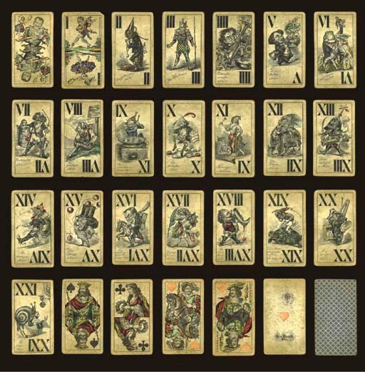 Fool's Tarock, circa 1865, Vienna, Ferd, Piatnik, 54 of 54 cards complete, stencil colored lithography, Austrian monarchic tax stamp No. 81 without indication of value on ace of hearts (15 kreuzer, valid 1858-1877).  Designed by Anton Elfinger (Cajetan) and engraved by J. Surch,  Trumps are full-length figures, double-ended Roman numerals, contain satirical titles in German, mainly of a contemporary political nature, trump II Dangerous Fool, III Game Fool, IIII Future Music Fool, V Ballet Fool, VI Inflated Ego Fool, VII Greybeard Fool, VIII Patient Fool (waiting for the unity of Germany),  IX Stubborn Fool (attempting to mix together despotism and absolutism), X Politician Fool, XI Carnival Fool, XII Dog Lover Fool, .XIII Reactionary Fool, XIV Droll Fool,  XV Stock Market Fool,  XVI Conservative Fool,  XVII Big Peace Mask (Fool), XVIII Drinking Fool, XIX Slow Moving Fool, XX Poor Fool, and XXI Shrewd Fool.  Courts are double ended, French suits, no indices, round corners.  Backs are overall small pattern of dots and suns in blue.  4 3/8 in. (10.5 cm.) high, 2 5/8 in. (5.8 cm.) wide. Very worn.  Kaplan, I, 308.