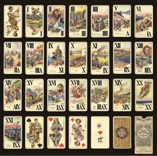 Soldaten-Tarock, 1918, Vienna, Ferd. Piatnik & Sohne A. G., 54 of 54 cards, chromolithography, ace of hearts contains Austrian monarchic tax stamp, 60 heller (valid 1900-1920).  Trumps are full length figures, double-ended Roman numerals, titles on trumps II to XXI depict scenes from World War I, trump II Line Ship Lieutenant Lerch, III First aid station. IIII Decorating heroes, V Battle at Carpathia, Poland (1914-1915), VI Fighting at Lovzen, VII Siege of Antwerp, VIII Field kitchen, IX Standing guard at the Adriatic, X Belgrade, XI Troops attacking, XII Flying over Venice, XIII German submarine Captain Konig , XIV Homecoming, XV Battle at Isonzo, XVI Captain Lieutenant Konjovicz, XVII Liberation of Poland, XVIII Battle at Predeal, Romania, XIX Liberation of Przemysl, Poland, XX Air battle over Ferrara, XXI U-Boat 53 in New York harbor (implying that the United States had been invaded).  Courts are double ended, French suits, no indices, round corners, the kings symbolize the leaders of Germany (diamonds), Austria-Hungary (hearts), Turkey (spades), and Bulgaria (clubs).  The queens devote themselves to war-related charity and social roles, queen of spades wearing the winged hat of Mercury offers gifts of love, queen of hearts wears a Red Cross armband and is a volunteer nurse, queen of clubs is a fashionably-dressed woman collecting money for the wounded, queen of diamonds is a wealthy woman donating gold and jewelry to buy iron for making weapons, jack of spades is a soldier dressed for combat, jack of hearts is a sailor, jack of clubs is a bugler, jack of diamonds holds an unexploded shell.  Backs are overall pattern with decorations and center monogram of the Iron Cross with wording, 1914 VITAM ET SANGVINEM 1918 encircled in red on tan background.  Includes flattened box, "Allerfeinste SOLDATEN-TAROCK No. 217, Ferd. Piatnik & Sohne A.G., WIEN, XIII/4. Hutteldorferstr. 229-231."  Size 4 1in. (11.5 cm) high, 2 9/16 in. (6.5 cm) wide.  Slightly worn.  Kaplan I, 318. 	 (2)