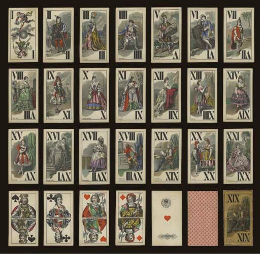 Opera and Operetta Tarock, circa 1870, Vienna, Carl Titze & Schinkay, 54 of 54 cards, hand and stencil colored steel engravings, ace of hearts contains Austrian monarchic tax stamp, 15 kreuzer (valid 1858-1877), duty tax office number 86.  Trumps are full-length figures of actors and mostly young actresses in fanciful stage costumes from operas and operettas of the time, such as II Landfrieden, III Afrikanerin, V Lohengrin, VII Sardanapal, XI Judith, XIII Orpheus, XVI Romeo u. Julie, etc., double-ended Roman numerals, courts are double-ended and unnamed, French suits, no indices, square corners. Backs are overall geometric pattern of small suns and dots in burgundy.  Size 4 3/16 in. (10.6 cm.) high, 2 5/16 in. (5.8 cm.) wide.  Cards in generally fine condition, original box with some damage. Kaplan I, 306.