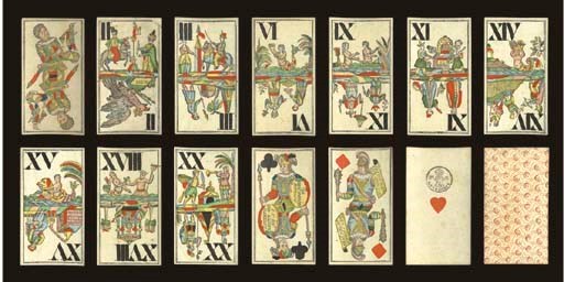 Chinoisiere Tarock, circa 1830, Vienna, Johan Norbert Hofmann, 54 of 54 cards, wood block printed and stencil colored, ace of hearts contains tax stamp of the Kingdom of Lombardy under Austrian rule, 70 centesimi (valid 1823-1840).  Trumps and Roman numerals are double ended, trumps primarily depict different Chinese scenes and water creatures including Neptune and a mermaid, trump II reads, GLUCK, rather than INDUSTRIE UND GLUCK, courts are double ended, French suits, no indices, square corners valet of clubs reads, Von JOHAN NORBERT HOFMANN, K.K. UND LANDES FABRICANT, valet of diamonds reads, JOHAN NORBERT HOFMAN (sic), UNTERE BREUNERSTRAS N.1199.  Backs are repeating dots and double crescents in brick red.  Size 4 1/16 in. (10.5 cm.) high, 2 1/4 in. (5.8 cm.).  In generally fine condition.