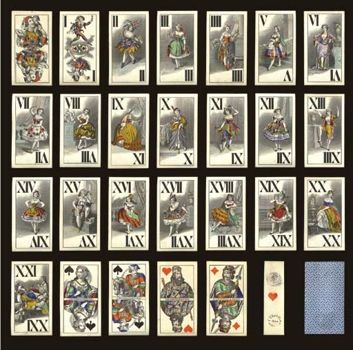 Ballerina Tarock, 1866, Vienna, E. Knepper & Comp., 54 of 54 cards, stencil-colored steel engravings, ace of hearts contains Austrian monarchic tax stamp without indication of value (15 kreuzer, valid 1858-1877), duty tax office number 34, and E. KNEPPER WIEN 1866. Designed by Jos. Benedict.  Trumps are full-length figures, double-ended Roman numerals, featuring charming ballerinas seemingly preparing for their imminent appearance on stage (dancers take a step, execute a figure, and rest), courts are double-ended and unnamed, valet of clubs reads, "Wien, Wiedner Hauptstrasse 51," French suits, no indices, square corners.  This pack is believed to have been published in honor of the famous Viennese prima ballerina, Fanny Eissler.  Backs are interwoven strap work in blue.  Size 4 1/8 in. (10.4 cm.) high, 2 1/4 in. (5.7 cm.) wide.  The ace and 2 of hearts have been cut down but not hindering the stenciled features nor stamps, minor dust soiling on some pips, faint surface crease on jack of hearts, remnants of ink smear on jack of spades and queen of hearts, otherwise in generally fine condition. Kaplan I, 309.