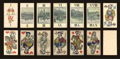Mainz Carnival Tarock, 1839, Darmstadt, Maxmilliam Frommann (?), 58 of 78 cards, (includes eighteen trumps, I to III, V to XII, XV to XXI, eleven courts, valet of spades, queen, cavalier and valet of hearts and clubs, and king, queen, cavalier and valet of diamonds, and twenty-nine pips), etchings on trumps, stencil-colored lithography on courts, stencil-colored pips.  Trumps have double-ended Roman numerals with different views and captions, trump I displays carnival figures and MAINZ CARNIVAL 1839, remaining trumps are named views of European towns mainly in Germany, such as II Darmstadt/Homburg v. d. H, and also Bern, Lausanne, etc.  Courts are double-ended, unnamed, and the engravings differ from the other Mainz Carnival Tarock deck in this catalog, French suits, no indices, square corners.  Backs are overall pattern of dots in red.  Size 4 3/16 in (10.5 cm.) high, 2 5/16 in.5.8 cm.). Slightly worn, small ink spot on corner of trump X, back of card has five rows of handwritten numbers.