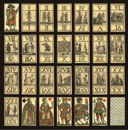 Chodowiecki Tarock, circa 1785, Nurenberg (?), Johann Matthias Backofen (?), 78 of 78 cards, stencil colored copper engravings.  Engraved by Daniel Nikolaus Chodowiecki, popular Prussian painter and engraver of the 18th century.  Trumps are full-length figures, double-ended ornate Roman numerals, French or German titles, depicting drama scenes from Macbeth and Gil Blas, trump IX Macbeth is a figure of the English actor, Garrick, trump XV is without a title.  Courts are full-length figures, French suits,  full gilt edges, square corners, valet of hearts holds a shield with a large "B," valet of diamonds bears the letter "B" on its breast plate, no indices.  Backs are overall small suns in blue.  Size 4 1/8 in. (10.4 cm.) high, 2 3/16 in. (5.4 cm.) wide.  Original paste board two-piece box with word TAROCC.  A few cards with some slight wear, box worn and rubbed.  Kaplan II, 423, 424.