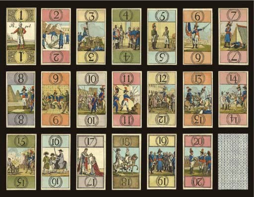 Napoleon Tarock, circa 1808, J. G. Herbert, Germany, 44 of 78 cards (includes all 22 trumps, knight of hearts and clubs, jack of diamonds, plus 19 pip cards), stencil colored copper engravings.  Trumps are full-length figures, double-ended Arabic numerals in wide borders, and feature important events and persons in Napoleon's life. Trump 1 Pagat is the Mamluk bodyguard, Roustan, 2 Napoleon at military school in Brienne, 1784-1785, 3 Napoleon commanding artillery at the siege at Toulon in 1793, for which Napoleon received new rank of Brigadier General, 4 Napoleon receiving surrender of a blindfolded Austrian officer at Lodi in 1796, 5 dispatching a messenger, 6 Napoleon in Arcole or Rivoli in 1796, 7 Napoleon standing guard in place of an exhausted soldier, 8 Napoleon at the Egyptian pyramids after his victory over the Mamelukes in 1798, 9 comforting the plague stricken at Jaffa after capture by Napoleon in 1799, 10 defeat of the Turkish army by Napoleon before Cairo in 1799, 11 crossing the Alps towards Italy in 1800, 12 entering Milan, 13 and 14 represent battles against the Austrians at Marengo in 1800, 15 assassination attempt on Napoleon's life in 1801, 16 the Pope on a mule arriving in Paris in 1804, 17 Napoleon crowning Josephine in 1804 at the time of his own "coronation" by Pope Pius VII, 18 Napoleon and Josephine visiting the provinces of the empire in 1805, 19 Napoleon meeting the Austrian emperor after his victory over the combined Russians and Austrians at Austerlitz in 1805, 20 Napoleon decorating a soldier in front of the troops, and 21 Napoleon speaking with his staff.  Courts are full length figures, French suits, no indices, square corners.  Backs are an overall geometric pattern in blue.  Size 4 5/16 in. (10.9 cm.) high, 2 5/16 in. (5.8 cm.).  In generally fine condition. Kaplan I, 298.