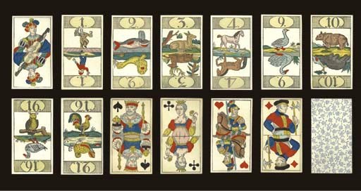 Cego Animal Tarock, circa 1820, Germany, maker unknown, 78 of 78 cards, woodblock printed and stencil colored.  Trumps and Arabic numerals are double ended, depict animals, except unnumbered trump and trump 1. Courts are double ended and unnamed, French suits, no indices, square corners.  Backs are overall swirling dotted pattern in blue.  Size 4-1/4 in. (10.9 cm) high, 2-5/16 in (6 cm.).