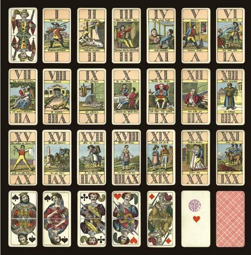 Proverbs Tarock, circa 1920, Stralsund, Vereinigte Stralsunder Spielkartenfabriken A.G. Stralsund, 78 of 78 cards, color lithography, ace of hearts contains the German republican tax stamp, 3 marks (valid 1919-1921) plus tax office No. 4 for Stralsund.  This deck was originally published circa 1840 by Baumgartner, Berlin. Trumps are full-length figures with ornate double-ended Roman numerals, and illustrate proverbs with German titles, I. Discretion is the better part of valor (or to be far away from the shooting is good), II. Money that harmony earns, discord spends,  III. He who stays closest to the fire, warms himself best,  IV. He who laughs best, laughs last,  V. Clothes make the person, or fine feathers make fine birds,  VI. Rallying is dallying (the girl throws a bucket of water into the boy's face while he gently whips her),  VII. Another town, another girl (or a girl in every port),  VIII. one can have too much of a good thing, IX. They all come in the same box, or the same fate befalls everyone caught in the same act,  X. When the mouse has eaten its fill, the flour tastes better, XI. Utopia may be far away, or stay in your own country and feed yourself in a reasonable way,  XII. Haste makes waste, XIII. Better to be envied than pitied,  XIV. Those who have a good store of butter, may lay it thick on their bread (or, if you've got it, flaunt it),  XV. Spending everything before your end makes the best testament,  XVI. Good oiling makes easy riding,  XVII. As the master, so the valet,  XVIII. Happiness and glass easily fall to pieces,  XIX. Birds of a feather flock together,  XX. Great minds think alike (or great minds find each other),  XXI. All's well that ends well.  Courts are double ended, unnamed, French suits, no indices, round gilt corners. Back are red plaid tarotee design.  Size 4 3/8 in. 10.5 cm.) high, 2 1/8 in. (5.3 cm.) wide. Kaplan I, 311.