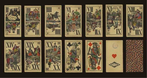 Industrie und Gluck Tarock, circa 1885, Vienna, Johann Nejedly, 54 of 54 cards, stencil colored lithography, ace of hearts contains Austrian monarchic tax stamp 60 kreuzer (valid 1882-1889) and reads JOHANN NEJEDLY OTTAKRINO WIEN PATENT.  Trumps are double ended, Roman and Arabic numerals, suit marks in all four corners, trump I shows Harlequin playing a harp and Columbine playing a tambourine, trump II depicts double-headed eagle with coat of arms of Hapsburg-Lorraine on its breast, balance of trumps each depict two different outdoor scenes of European and Arabic origin.  Courts are double ended, French suits, no indices, square corners, valet of clubs reads, JOH. NEJEDLY WIEN OTTAKRIN within shield, and valet of diamonds reads, JOH. NEJEDLY IN WIEN within shield.  Backs are overall red maze over black maze.  Size 4 5/16 in. (10.9 cm.) high, 2 1/4 in. (5.7 cm.).  Slightly worn. Kaplan I, 314.