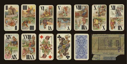 Habsburger Tarock No. 146, circa 1910, Budapest, Ferd. Piatnik & Sohne, 50 of 54 cards (lacks Fool, king of spades and clubs, and ace of hearts), chromolithography, Hungarian wrapper contains banderole with 1904 date, 30 filler (valid 1904-1919), and wrapper contains U.S. 2-cent tax stamp (valid 1894-1917), over stamped for 8 cents (valid 1919-1924).  Trumps, Roman numerals and courts are double-ended, featuring pairs of different European and Oriental scenes of domestic life, trump II reads, INDUSTRIE UND GLUCK, in horizontal banner instead of usual three lines on a rock, the trumps are rendered in pastel tones and portray new designs not usually found on Industrie und Gluck decks, courts depict kings as emperors, queens and cavaliers belong to the 19th century, and valets are soldiers from the Middle Ages, valet of diamonds reads, "Eigentum der Herausgeber, Nachahmung verboten," French suits, no indices, round gilt corners. Includes wrapper that reads, in part, "Legfinomabb MAGYAR-KIRALY-TAROK, PIATNIK NANDOR es Fiai, BUDAPEST, VII.  ROTTENBILLER-UJCA 17, Arany sarok., .Nem moshato. Amerikai hattal, 110 sz.,  and banderole reads, in part, ZARJEGY A JATEKKARTYARTA, 1904, plus two illegible black ink stamps and the words O.K."  Size 4 1/4 in. (10.9) cm. high, 2 3/8 in. (6.1 cm.) wide.  Cards almost in generally fine condition, original wrapper damaged and losses.  Kaplan I, 146.