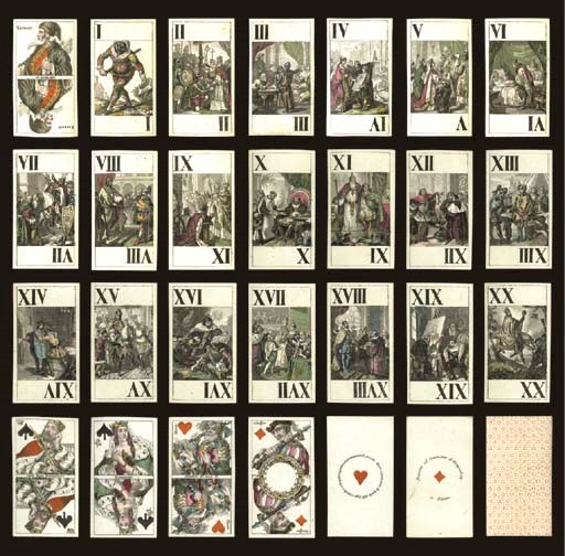 Historical Iron Crown Tarock, circa 1844, Milan, Lattanzio Lamperti, 78 of 78 cards, stencil-colored steel engravings.  Trumps are full-length figures, double-ended Roman numerals and named courts, French suits, no indices, square corners.  Trumps depict historical scenes primarily of the political period known as the Holy Roman Empire from the 6th to 16th century.  Trumps include Excuse with wings and wearing stocking cap, trump I is a motley figure in blackface with cards strewn on the ground, II Teodolinda, widowed by her husband, King Autari, chooses the young duke of Turin, Agilulfo, to be her next husband, III liberation of Italian subjects after Agilulfo pays a large ransom in gold, IV Queen Teodolinda examining plans for Monza Cathedral of St. John the Baptist, V Teodolinda and Agilulfo offering gifts to the church, VI Queen Teodolinda in the last moments of her life, her son at her bedside, VII King Desiderius of Lombardy is delivered in 774 into the hands of Charlemagne, VIII Charlemagne persuading the warrior king of the Saxons to be baptized,  IX Coronation of Charlemagne on Christmas Day in 800 as emperor of the West by Pope Leo III in St. Peter's Cathedral of Rome, X Charlemagne founding a public school in Pavia, XI Charlemagne in his old age sharing the throne of emperor with his only surviving son, Louis, XII Ludwig the Bavarian refusing the crown of Germany after Henry V's death in 1313, XIII relates the story that after Ludwig defeated Frederick of Austria, the only provision to refresh the soldiers was eggs, one for each man, but there was one extra egg which Ludwig declared in the presence of all should go to the valiant general Schwepperman, XIV Ludwig freeing Frederick, XV Ludwig and his wife, Margaret on their way to St. Peter's Cathedral in Rome where he was crowned with the Iron Crown and she with the golden one, XVI Ludwig stricken with an apoplectic stroke while hunting, XVII Charles V being appointed emperor in 1519, XVIII Carlo V receiving the Iron Crown in 1530 at the papal palace in Bologna, XIX Titan painting the portrait of Charles V, XX portrays Charles V's opposition to the doctrines of Luther which led him to ride through the streets of Main wearing his imperial robes as a show of his power and Catholic belief, XXI shows Charles V synchronizing two clocks.  The double-ended court cards portray rulers and soldiers of the times and include on the king of spades, Carlo Magno (Charlemagne) receiving in 775 the Iron Crown of the Lombard kings, his wife, Ermengarda on the queen of spades, and a cavalier and valet of the 8th century on the remaining two court cards, the king of hearts depicts Agilulfo and the queen of hearts is his wife, Teodolinda, and a cavalier and valet from the 6th century, king of clubs is Ludwig of Bavaria and on the queen is his wife, Margaret, and a cavalier and valet from the 14th century, and the king of diamonds depicts Charles V and on the queen is his wife, Eleonora, and a cavalier and valet from the 16th century.  The deck is believed to have been originally issued in the 1830s, by Ferdinando Gumppenberg, whose name still appears on the ace of diamonds, on the occasion of the coronation of the Austrian emperor Ferdinand I as king of Lombardy and Venice.  This edition, circa 1844, was issued by his successor, Lattanzio Lamperti, as evidenced by Lamperti's name on the knave of diamonds replacing Gumppenberg's name.  Backs are overall pattern of dots arranged in hexagons in light red.  Size 3 7/8 in. (9.7 cm.) high, 2 1/16 in. (5.2 cm.) wide. In generally fine condition. Kaplan I, 302, II, 443. 	 (2)