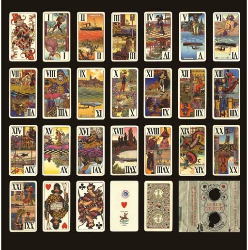 Luxus Tarock, circa 1910, Trieste, Saul D. Modiano, 54 of 54 cards, chromolithography, ace of hearts contains Austrian monarchic tax stamp, 60 heller (valid 1900-1920), duty tax office number 2, plus banderole dated 1900 on the paper wrapper.  Designed by A. Orell.  Considered the leading example of chromolithographic art in connection with Art Nouveau design on playing cards.  Trumps are double-ended scenes, Roman numerals, featuring named vessels and ports of call of the Austrian-Lloyd Steamship Line in Europe, Middle East and Asia, courts are double-ended and illustrate figures in colorful costume from different countries (spades represent North Africa and Spain, hearts are Persia, clubs are Japan, and diamonds are Assyria), French suits, no indices, round gilt corners.  Backs depict logo of the Austrian-Lloyd Steamship Line surrounded by an interlaced ornament of tendrils bearing French suit signs in gold on grey background.  4 1/8 (11.4 cm) high, 2 1/2 in. (6.4 cm) wide.  Cards in generally fine condition, paper wrapper and banderole some losses.  Kaplan I, 316. 	 (2)