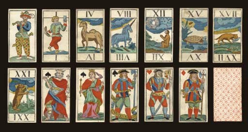 Animal Tarock, circa 1770s, Brussels, Francois-Jean Vandenborre, 78 of 78 cards, woodblock printed and stencil colored. Trumps are full-length figures, double-ended Roman numerals, The Fool is a flute player, trumps depict animals, except trump I is a dancing figure holding a water glass and a wurst, II is a reindeer, VI shows a fox with its prey, VIII is a unicorn, XII is monkey, XIII is an alligator, and XXI is a bear clawing at a pole, courts are full length figures, valet of swords reads, DE CHEZ F. I. VANDEN BORRE, valet of hearts reads VDE, French suits, no indices, square corners. The woodbocks in this pack are very similar but not the same ones used in Galler's Animal Tarock. Backs are overall geometric pattern of four diamonds inside lines connected by corner circles in red.  Size 4 7/16 in. (11.3 cm.) high, 2 /16 in. (6 cm.) wide.  Browning and soiled on several pip cards, otherwise in generally fine condition.  Kaplan I & II, var.