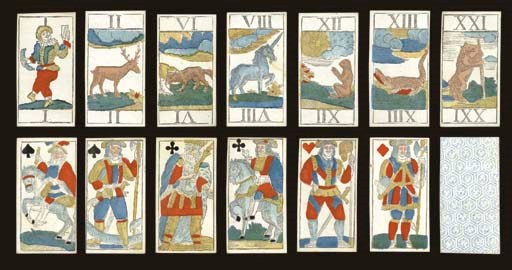 Animal Tarock, circa 1800, Brussels, Jean-Baptiste Galler or successor?, 78 of 78 cards, woodbock printed and stencil colored. Trumps are full-length figures, double-ended Roman numerals, The Fool is a flute player, trumps depict animals, except trump I is a dancing figure holding a water glass and a wurst, II is a reindeer, VI shows a fox with its prey, VIII is a unicorn, XII is a monkey, XIII an alligator, and XXI is a bear clawing at a pole, courts are full length figures, French suits, no indices, square corners.  The name of the maker has been removed from the valet of spades.  Backs are overall geometric pattern of suns within hexagon in blue.  Size 4 1/4 in. (10.9 cm.) high, 2 3/16 in. (5.7 cm.) wide. 2 of spades and clubs trimmed short, water stain on Fool, otherwise in generally fine condition. Kaplan I & II, var.