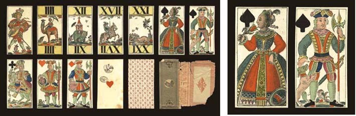 Animal Tarock, circa 1815-1820, Warsaw, J. DuPort, 78 of 78 cards, stencil colored copper engravings, ace of hearts contains Polish tax stamp, 8 zloty (probably dating to the last king Stanislaus II Poniatowski, ruled 1764-1795) and Polish-Russian tax stamp, 1 ruble, 20 kopeks (probably issued after the Congress of Vienna,1814-1815, established a nominally independent Polish kingdom, "Congress Poland," 1815-1830.)  Trumps are full-length figures, double-ended Roman numerals, trumps depict animals, some are mythological and a few accompanied by human or fanciful figures either standing or riding, trump III depicts a monkey or hairy beast holding a bundled child in front of a gatehouse with another child perched at the pinnacle, IIII is a crowned camel ridden by a sultan holding a parasol, X is a unicorn with a mermaid's tail, XI depicts an ostrich clutching an horseshoe in its mouth in evidence of the legendary prowess of its digestive system.  Courts are full-length figures, French suits, no indices, square corners, court figures are dressed in ornate costumes and adorned with jewels, the kings, knights and valets wear headdresses, probably indicating different domains, the knight of hearts represents John III Sobieski (1624-1698), king of Poland, who wears a Turkish headdress probably representing his successful defeat of the Turks at Khotin in 1673, the valet of hearts holds a shield bearing the coat of arms of Stanislaus II Poniatowski, the quartered shield depicts the eagle of Poland in the first and third quarters and the so-called "Chase (Phania) of Lithuania" or charging horseman in the second and fourth quarters, the small shield in the center contains an ox, the coat of arms of the Poniatowski family.  The valet of diamonds holds an halbred and a shield that reads, "Fabrique de Cartes de J. DuPort a Versovie." DuPort was a card maker of French origin who founded in 1780 the important Fabryka Kart Kraiowa (National Card Factory).  The designs on this deck reflect features from a pack produced at the end of the 18th century by the Munich card maker, Andreas Benedictus Gobl.  Includes original paper wrapper with fee of 90 kopeks and showing the Russian double-headed eagle evidencing that the cards were sold when Warsaw was under Russian occupation.  The device on the wrapper depicts a pelican feeding and caring for its young, encircled by a round panel with Russian text that reads, "For the benefit of the imperial education house," the wrapper also includes unidentified initials "AM," the double-headed eagle refers to the Russian empire.  Backs are overall geometric pattern of stars in brown.  Size 4 1/4 in. (10.8 cm.) high, 2 1/4 in. (5.7 cm.) wide.  Cards in generally fine condition, wrapper damaged and losses. Kaplan II, 426-428. 	 (2)