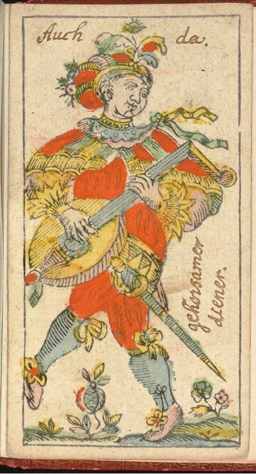 Animal Tarock, circa late 18th or early 19th century, Germany or Austria (?), S. B., 78 of 78 cards, wood block printed and stencil-colored, neatly bound in red Moroccan leather hard cover book by Townsend of Sheffield, spine reads, "TAROK CARTE."  Trumps are full-length figures, double-ended Roman numerals, trumps depict animals, some are mythological and a few are accompanied by human or fanciful figures, trump III depicts a monkey or hairy beast holding a bundled child in front of a gate house with two figures perched at the pinnacle, IV is a four-legged beast with a snake head , tied to a tree branch, and a frightened rabbit darts to safety, V is a lion, VII is a rabbit with a donkey's head, VIII is the mythical unicorn, X is a unicorn with a mermaid's tail, XI depicts an ostrich with a horseshoe in its mouth, XII is a musician performing with a dancing bear holding a pole, XIV is an alligator holding a man in its mouth, only the man's leg still appears, a palm tree is in the background, XV is a bird resting atop a turtle's shell.  Three trumps have contemporary writing.  The trumps are suggestive of similar animal decks published in the late 18th century by Andreas Benedictus Gobl, Munich, but the jack of diamonds holds a shield bearing the initials S B.  Courts are full-length figures, French suits, no indices, square corners, full gilt edges, courts are dressed in ornate costumes and adorned with jewels.  The jack of clubs has the initial P M written on the card. Although the courts are strikingly similar to the Polish animal deck by DuPort, circa 1815/1820, the heraldic device pictured in the shield held by the jack of hearts, and the breast medallion worn by the jack of diamonds, differ from the DuPort deck.  Backs are overall pattern of a four leaf design and four dots in blue.  Card size 4 5/16 in. (11 cm.)  high, 2 5/16 in. ( 5 15/16 cm.) wide, book size 4 = in. (11.3 cm.) wide.  Provenance: Captain H. E. Rimington Wilson, Brotherhood Hall, purchased, Christie's, November 24, 1971, lot 337. Worn.