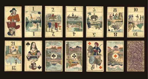Scenic Tarock, circa 1850, Strasbourg, G. Pfluger, 72 of 78 cards (lacks trump III, queen, jack and ace of hearts, king of clubs, queen of diamonds), stencil-colored lithography. Trumps and Arabic numerals are double ended, depict various activities from daily life around the world and scenes from historic times with different illustrations, trump 1 is soldier on guard duty knight slaying a curled serpent, 2 is a charging horsemen//royal couple in courtyard, 4 is a fisherman//sheep herder, 5 is an elephant with rider//badminton players, etc.  Courts are double ended, French suits, no indices, square corners, courts in historical costumes have center banner that reads, "France. Pfluger. Strasbourg," aces are named views of Strasbourg buildings, ace of spades depicts Eglise St. Thomas//Halle aux Bles, ace of clubs is Palais Royal//La Douane, and ace of diamonds is Theatre de Strasbourg//Academie.  Backs are mauve marbling.  Size 4 1/8 in. (10.5 cm.) high, 2 5/16 in. (6 cm.) wide.  Slightly worn.  Kaplan I, 301.