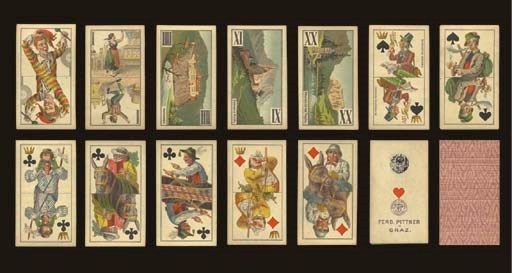 Tourist's Tarock, circa 1870, Graz, Ferdinand Pittner, 54 of 54 cards, chromolithography, ace of hearts contains Austrian monarchic tax stamp without indication of value (15 kreuzer, valid 1858-1881), duty tax office number 128, and FERD. PITTNER in GRAZ. Trumps, except 0 renumbered and I, are horizontal full length scenes of Steyer (Styria) with caption identification, Roman numerals and court cards are double ended, kings have crowns over the suit mark and, along with the jacks of clubs and diamonds, gently caricature tourists, the other courts show natives as guides and cooks, king of spades reads, "Mit Vorbehalt des Nachdruckes," jack of clubs reads, FERDINAND PITTNER in GRAZ, French suits, square corners, no indices, square corners.  Backs are overall moire pattern in raspberry red.  Size 4 1/4 in. (10.8 cm.) high, 2 3/8 in. (6 cm.) wide.  Faint browning, otherwise in generally fine condition. Kaplan II, 460.