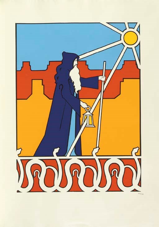 The Major Arcana of the TAROT Limited Edition in Folio by Taylor McCall, 1975, Santa Fe, Bocaccio Press, 22 multicolored, silk-screen prints, hand-pulled for each page up to nine times by serigrapher Hugh Blackwell using screens hand-cut for each color by the artist, Taylor McCall, plus accompanying text that faces each print.  The silk-screening was executed at the Blackwell studio in London, England on special hemp paper made by master craftsman Luigi Amatruda at his watermill which has been maintained since the thirteenth century by the Amatruda family in Amalfi, Italy.  In this work, Taylor McCall gives illustrative form to P. D, Ouspensky's original descriptions of the Major Arcana which comprised the latter portion of "The Symbolism of the Tarot," written in 1911, published in 1913 in St. Petersburg, Russia, and  translated by A. L. Pogossky and published in the same year with black and white illustrations of the Major Arcana which in many instances were in variance with Ouspensky's text.  In addition to variations in the symbolism on many cards, Ouspensky designated number V for The Chariot and VII for The Hierophant.  Ouspensky was familiar with the Golden Dawn numbering of the Major Arcana as evidenced by his numbering VIII Power (Strength) and XI Justice.  Limited and signed (on copyright page) edition by the artist, poet and publisher, numbered 22 of 150.  The collection of folded single sheets are enclosed in a gold-tooled, three-quarter calf folio box lined with exquisite custom-designed marbling, and cloth ties.  Also includes a sixty-six page reprint of Ouspensky's "The Symbolism of the Tarot," bound in matching marbled paper, and original Prospectus with an extra The Hermit screened at a reduced 50 in size.  Page size 22 1/2 in. (56.5 cm.) high, 16 in.(40.5 cm.) wide, Book size 8 13/16 in. (22.3 cm.) high, 6 in. (15.3 cm. ) wide,  Box size 22 3/4 in. (57 cm.) high, 17 in. (43 cm.) wide.  In generally fine condition. Kaplan I, 339, 341.