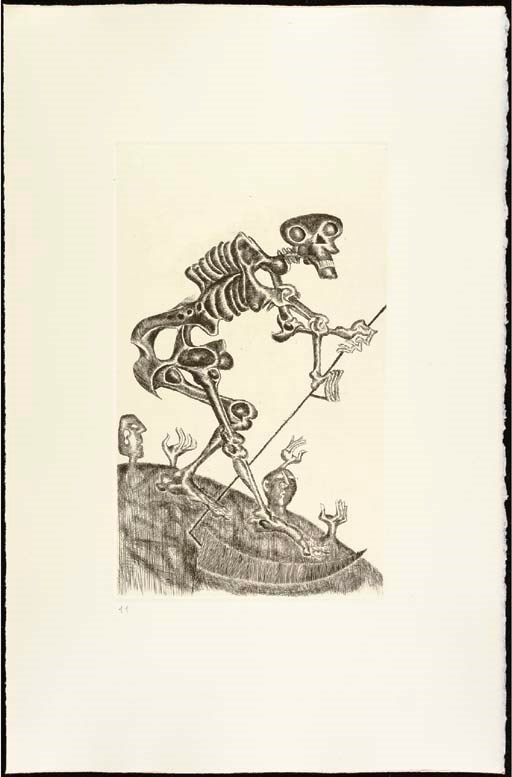 TAROTS Limited Edition in Folio by Yves Jobert, 1973, France, Edition La Gravure Originale, 16 copper engravings on vellum paper comprising 14 major Arcana on full pages and the remaining eight Major Arcana reduced in size on two pages.  The artwork is by Yves Jobert, prints from plates by Claude Breton, poems in French by Jean Pothier, preface in French by Antoine Faivre, text printed by Fequet & Baudier,  and realization of the project was under the publishing direction of Alain Weil.  Limited and signed edition by the artist, poet and publisher of which this is number 20 of 62.  The collection is housed in a gold-tooled red cloth slip case.  Card size: 11 3/4 in. (29.5 cm) high, 7 in. (17.5 cm) wide, Page size: 19 3/4 in. (50 cm) high, 13 in. (33 cm) wide, Box size: 20 1/2 in. (51.5 cm) high,13 5/8 in. (34.5 cm) wide. In generally fine condition.