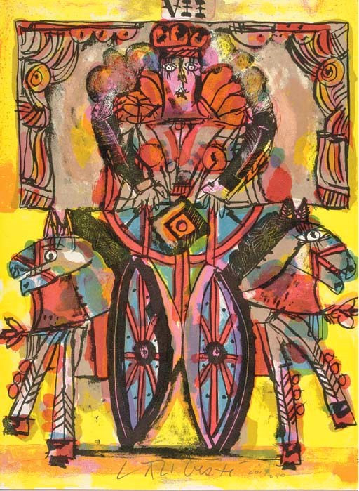 THE TAROT, Limited Edition in Folio by Norman Laliberte, 1974, Chicago, Circle Gallery Ltd., 22 Major Arcana printed in lithography on 19 sheets, one sheet for each Major Arcana, except four cards, XII Le Pendu, XIII La Mort, XIV Temperance and XV Le Diable are reduced in size to fit on one sheet.  Laliberte studied art in 1948 at the Montreal Museum of Fine Arts, followed by the Institute of Design, Chicago, the Cranbrook Academy of Arts, Bloomfield, Michigan, the Illinois Institute of Technology,  and St. Mary's College, Notre Dame, where he received his Doctorate of Fine Arts.  His work is characterized by vibrant colors combined with an elaborate tapestry of iconic images.  His work has been exhibited in over 150 solo exhibitions, 30 group exhibitions, and is represented in over 100 public and private collections including the Smithsonian Institute and the Montreal Museum of Fine Arts.  Includes 4-page title/text sheet. One-piece, blue cloth, swing open box.  Limited edition, numbered and signed on each plate by the artist, numbered 201 of 250.  Sheet size 15 in. (38 cm.) high, 11 in. (27.8 cm.) wide, Box size 16 5/16 in.  (41.4 cm.) high, 12 in (30.2 cm.) wide. In generally fine condition.