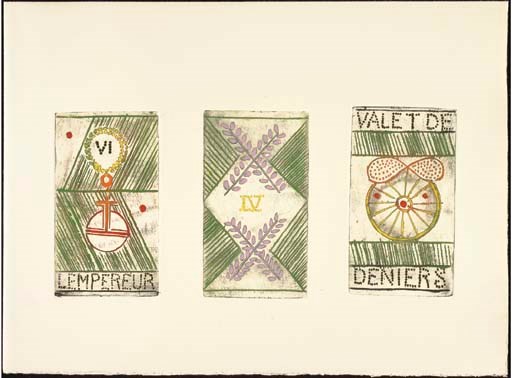 Loutre B. Tarot Limited Edition in Folio, circa 1980, France, Loutre B., copper plate engravings on vellum paper, embossed by the impression of the plates, and hand colored.  Entitled "LE TAROT DES FAMILLES, DE FINITION RAPIDE DES XXII LAMES MAJEURES ET DES CVI LAMES MINEURES QUI CONSTITUENT LE TAROT." There are either two or three cards on each double-folded page and explanations in French accompany the cards. Tissue guards for each page.  Limited and signed edition by the artist, numbered 6 of 75.  One-piece buckram covered box swings open, embossed spine reads, TAROTS.  Page size 11 1/8 in. (28.2 cm.) high, 15 in. (38 cm.) wide, Card size 5 9/16 in. (14 cm.) high, 3 3/16 in. (7.9 cm.) wide, Box size 12 1/8 in. (30.2 cm.) high, 15 7/8 in. (40 cm.) wide, 2 in. (5 cm. ) deep. In generally fine condition.