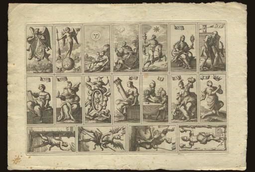 Minchiate Uncut Sheets, circa 1725,  Florence, maker unknown, 72 of 97 cards, copper engravings, 4 sheets each comprising two vertical rows of 7 cards and one row of four cards,  uncolored, cards measure 3 15/16 in. (9.9 cm.) high by 2 1/4 in. (5.6 cm.) wide, Portuguese suits, Roman numerals, square corners, includes 41 trumps (I to to XXXV, Star, Moon, Sun, World, Last Judgment, Fool) 16 court cards (king, queen, cavalier and valet in each of swords, staves, cups, coins), and 15 pip cards (8, 6 to 1 swords; 2, 1 staves; 3 to 1 cups; 4, 2, 1 coins).  This artistic deck made into playing cards is recorded at the Bibliotheque Nationale in Paris (printed on silk), British Museum in London, Museo Fournier in Vitoria and The Beinecke Library in New Haven with the arms of Medici printed on the backs and, in two instances, with the stamp and signature of Anton Molinelli, holder of the playing card concession in Tuscany from 1721 to 1731.  Backs blank.  Sheet size 18 3/4 in. (34 cm.) by 13 in. (33 cm.).  Large margins, some foxing, one slight folding mark, small tears in the white margins, minimal crease at one sheet.  Kaplan I, 52, II 256-267 var.