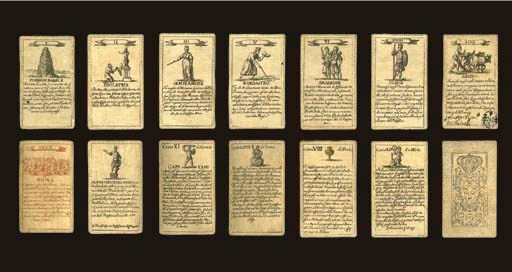 Minchiate of Ancient History, circa 1725, Florence, Anton Giusepppe Molinelli, 90 of 97 cards, includes 34 trumps (lacks XXI, XXII, XXIX to XXXI, XXXVIII), and 55 suit cards (lacks 8 of coins), copper engravings in black except trumps XXXIII to XXXX in red, square corners, wrap around spotted paper edges around each card, trump XXXII has black stamp monogram of MGM between two lions beneath the Florentine lily and signature in brown ink of Anton Giuseppe Molinelli, holder of the playing card concession from 1721 to 1731.  Trumps are full length-figures, Roman numerals, extensive Italian text, describes historical places, persons, events and objects including, for example, I Tower of Babel, II idolatry, III Semiramis, V Zoroaster, VI Amazons, XXIII Ulysses, XXXX Rome, etc.  Suits are full length figures, Roman numerals, Italian titles and descriptions devoted to ancient nations, swords relate to Greece, batons to Rome, cups to Persia and coins to Assyria, suits of cups and coins are yellow tinted, one index.  The deck was designed by A. Pazzi with assistance of C. Mogalli as evidenced on the unnumbered card, Statua Vedutada Nabucco.  Backs are wood block printed crowned coat of arms of the Medici family.  Size 4 in. (10 cm.) high, 2 3/8 in. (6 cm.) wide.  Slightly worn, a few minor worm holes.  Kaplan II, 257-261.