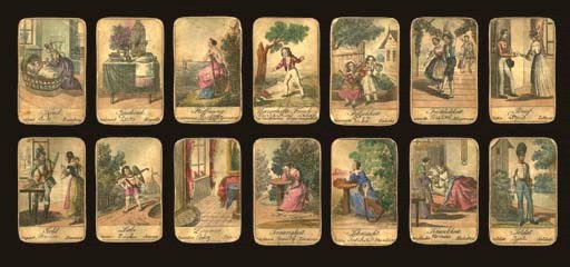 Biedermeier Style Cartomancy Deck, circa 1840, Austria maker unknown, 50 of 50(?) cards, hand-colored lithography, the card designs reflect small genre scenes in the spirit of the Biedermeier period which lasted from the fall of Napoleon in 1815 until the Revolution of 1848 and was expressed by the bourgeois seeking to emulate the nobility through comfortable furnishings and designs using inexpensive materials. Examples of cards: The Child in a cradle has a toy and is surrounded by full scene in a room with a tiled stove, a chair and table, a flower pot on the window sill and the mother kneeling to feed the child.  A Gift is not just a bouquet of flowers but a covered table with a box of jewelry, a flower pot of red roses, a caged parrot, a framed picture and a shawl. Hope is not just an anchor but a woman seated at water's edge and leaning against an anchor while gazing at a sailing vessel approaching from the sea. Unexpected Pleasure shows a boy discovering a book lying on the ground, not a sack of gold. Falseness is represented by a cat in the arms of a little girl, scratching the face of her friend. Gaiety is represented by a young couple dancing beneath a string of flowers, the man waves a bottle above his head while several people watch the festivities. A Letter depicts a young man entering a home to deliver a letter to the female recipient. Money is not just a trunk or box of money or gold, but a young married father who brings a sack of gold to his wife after winning a shooting contest. Love is Cupid walking barefoot along a path, bow and arrow poised in readiness to shoot, a tall building with a steeple appears in the background. A Room depicts a parlor with tiled floor and a draft stopper, curtains on the window, a painting in the background, a covered table, and a Biedermeier curved sofa. Sadness depicts a forlorn woman at an outdoor garden table. Pleasure depicts a woman at a similar table in a different garden, a guitar at her feet. Captions in German, French and Italian, Czech has been added. Backs are plain. Size 3 5/16 in. (8.3 cm.) high, 2 1/8 in. (5.3 cm.) wide. Heavily worn.