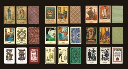 Collection of 9 Czech Cartomancy decks: -- circa 1870, Prague, maker unknown, 31 of 32 cards, wood block printed and stencil colored, king has identification wPraze (in Prague), captions in German and Czech, backs plaid red and blue, heavily worn. -- circa 1900, Prague-Karlin, Filip Fischi, 32 of 32 cards, color lithography on coarse cardboard, name of card maker on Message card, captions in Czech, German, Hungarian, Polish, Italian, French and English, backs plaid brown and tan. -- circa 1915, maker unknown, 32 of 32 cards, color lithography in black and red on coarse cardboard, innovative designs of old fortunes, soldier wears uniform of World War I, captions in Czech, Slovak, German, Polish, Russian and Hungarian, backs geometric pattern of spiked disks against light blue background. -- circa 1925, Prague, Ferd. Piatnika Synove, 32 of 32 cards, color lithography, captions in Czech, Hungarian, German, Croatian and Italian, backs black maze over red comets. -- circa 1930, Ferd. Piatnika Synove, 36 of 36 cards, color lithography, designs in Art Deco style, one index, card number 2 printed on slightly darker cardboard, caption in Czech, backs double-ended floral pattern inside panel in blue with name PIATNIK. -- circa 1935, maker unknown, 36 of 36 cards plus two extra cards, color lithography, one extra card bears title of deck, MLLE LENORMAND and displays a severe-looking, green-eyed woman with a kerchief and an enigmatic head band, the other extra card shows a six-pointed star, the deck is drawn in billboard-style art and loud colors, one index, no captions, includes sheet of instructions identifying each card in Czech, backs overall pattern of blossoms against green background, extra cards somewhat worn. -- 1967, Prague, Mlada Fronta, 32 of 32 cards plus one extra card, offset printing, designed by Zdenek Mezi, a staff artist for the Prague newspaper Mlada Fronta and intended as a New Year's present in 1968, the humorous illustrations partly relate to newspaper life with printing presses, secretary, cleaning lady, editor, artist, bosses, proof readers, a Janus-faced Redaktor (editor), and The Joly Joker, tuck box reads POUR FELICITER, backs read P.F. 1968 M.F. within panel in brown, box flat. -- circa 1969, Prague, Obchodni Tiskarny, 36 of 36 cards, offset printing, designed by Jiri Behounek, artistic and imaginative designs including full length figures immaculately clothed, a woman emerging from a trumpet, a stork carrying a baby in a womb, a letter being delivered by a balloon messenger, a dancing woman with butterfly wings, and a spider crawling towards a old-fashioned crank-driven telephone, one index, Arabic numerals, captions in Czech, 32-page instruction booklet and tuck box, backs decorative panel in black on bright green background, box flat. -- circa 1970, Prague, Obchodni Tiskarny, 36 of 36 cards, offset printing, designed by Vladimir Tesar, modern and colorful designs with imaginative interpretations, one index, captions in Czech, German, French and English, 21-page instruction booklet in four languages, and tuck box, backs are various symbols in black against red background, box flat.