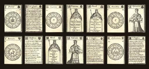 Lenthall Fortune-Telling Deck, circa 1715, London, John Lenthall 54 of 54 cards, copper engravings, includes 52 suit cards plus two instruction cards, knave, queen and king numbered XI, XII and XIII respectively, English duty tax stamp number 19 on the upper right hand corner of the ace of spades, 6 pence (valid 1711-1756), French suits, Roman numbers, one index, square corners.  This deck is the second edition, first advertised in 1711 by John Lenthall Stationer at the Talbot against St. Dunstans Church, Fleetstreet, London and sold by him until 1720.  After choosing a question found on one of the kings, the inquirer is directed to one of the odd-numbered sphere cards, each headed by the name of a celebrated sage or magician, and subsequently, by drawing a card from the shuffled pack, to a name and number on a queen or knave, and then to even numbered cards containing reputed sayings in English of famous sibyls of antiquity for an answer to the question.  Backs plain white.  Size 3 9/16 in. (9.1 cm.) high, 2 5/16 in. (5.8 cm.) wide.  Some foxing on knave of clubs, otherwise in generally fine condition.