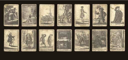 Conversation Cards, 1775. Great Britain, S. Hooper, 31 of 56 cards, copper engravings, card captioned Bottle is dated 2 Oct 1775.  Cards are unnumbered, square corners, card captions identify various places, characteristics and things including Cottage, Bottle, Church, Old Maid, Gentleman, Somebody, Parson, Old Bachelor, Physician, Harlequin or Player, Disappointment, Fidelity, Treachery, Law & Security, Hymen or Marriage, Gratitude, Gluttony, Religion, Courage, Innocence, Ruin, Time, Death, Justice, Fop, Wit, Friendship, Honour, Fortitude, Liberality, and Contemplation.  This deck likely was suitable for predictions and may have been accompanied with a booklet of instructions.  Backs are plain.  Size 3 in. (8.9 cm.) high, 2 7/16 in.  (6.2 cm.) wide.  Considerably worn.
