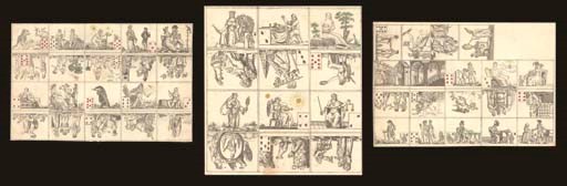 Le Petit Oracle des Dames, circa 1807, France, maker unknown, three sheets comprising 51 half cards, hand-colored copper engravings.  The cards are full-length figures, double ended,  no text on cards, French suits on 32 of the cards, no indices, these sheets are similar to a pack that was first published in 1807 by Veuve Guffier, Paris, that included text for fortune telling on the cards and was called Le Petit Oracle des Dames.  Backs plain.  Card size 1 11/16 in. (4.3 cm.) high, 2 1/8 in. (5.2 cm.) wide, one card is 2 1/16 in. (5.2 cm.) high, 2 1/8 in. (5.2 cm.) wide.  Sheet sizes: 7 in. (18.8 cm.) high, 11 in. (28 cm.) wide, and 7 in. (18.2 cm.), 10 7/8 in. (27.5 cm.) wide, and 7 1/16 in. (18 cm.) high, 6 9/16 in. 16.6 cm.) wide.  Slightly worn, two minor creases, minor repair on sides of three cards.