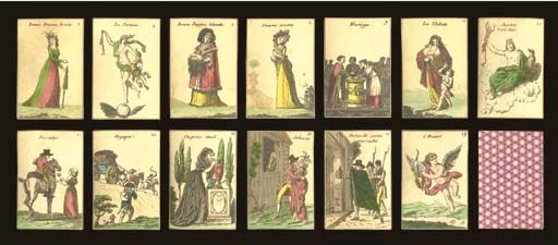Cartomancy Deck, circa 1820, France, maker unknown, 40 of 40 cards, hand colored copper engravings. The cards depict full-length figures with French titles, such as 1. Brown-haired Woman, 2. Fortune, 3. Blond Woman, 6. Treacherous Woman, 9. Marriage, 12. Charity, 21. Jupiter the Protector, 23. News by Messenger or a Letter, 24. A trip, 25. A Voyage by Sea, 27. Sadness, 32. Jealousy, and 39 Love. Backs are overall geometric pattern of dotted circles in mauve. Size 3 in. (7.6 cm.) high, 2 in. (5 cm.) wide. Cards in generally fine condition, two-piece box flattened.