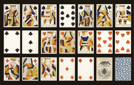 Humphrey's Deck, circa 1816, Philadelphia, James Y. Humphrey, 52 of 52 cards. Humphrey imported and distributed English packs around 1800. By 1816, he was producing his own brand of cards. Full length courts, no indices, bright stencil coloring, square corners, blank backs. The ace of spades is finely engraved and includes 13 stars above an eagle and the name J.Y. Humphreys. Backs are dots, rectangles, squares and other shapes dropped out against blue background. Includes half box, old but not original. Cards in generally fine condition. Dawson, 19, U29a.