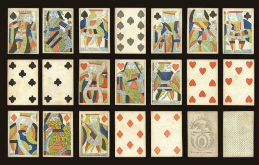 Crehore Deck, circa 1835, Dorchester, MA, Thomas Crehore, 52 of 52 cards. Crehore started producing cards around 1798 and his sons later continued the business. Full-length courts, popularly used in the game of Faro and known as "Faro courts," no indices, stencil colored, square corners. Back pattern runs opposite direction on some cards. Ace of spades includes 13 stars above an eagle, a ribbon that reads, "American Manufacture," and the name, Thomas Crehore. Backs are crisscross dots and dashes in light blue. Some minor foxing and discoloration on several cards. Dawson, 12, U3.