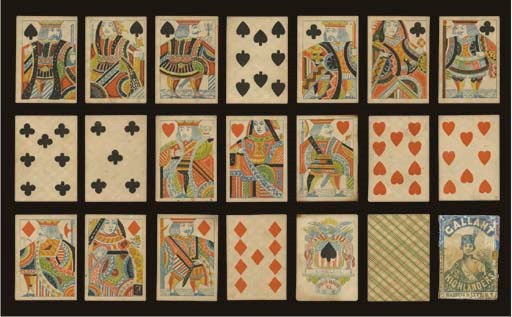 Gallant Highlanders Deck, circa 1845, New York, John J. Levy, 52 of 52 cards. John J. Levy was the nephew of Lewis I. Cohen, the founder of one of the early American card making families. John J. left his uncle's employee and took a partner named Huestis. A striking ace of spades printed in blue, red, yellow and black bears the name, John J. Levy. The address in red on the shell at the bottom of the cards reads, "177 & 179 Grand St. N.Y." Full-length courts, no indices, square corners. Backs are green and orange plaid. Home-made box with wrapper pasted on front that reads, GALLANT HIGHLANDERS, HUESTIS & LEVY, N.Y. In generally fine condition. Dawson, 49, NY15.