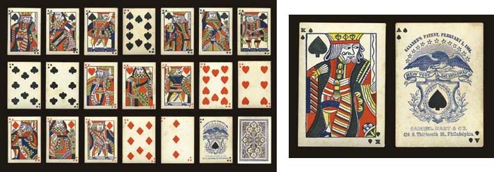 Saladee Patent Deck, 1864, Philadelphia, Samuel Hart, 52 of 52 cards. The Saladee Patent was issued on February 9, 1864 to Cyrus W. Saladee of Paducah, KY under patent number 41,587. It is believed to be the first time American decks appeared with indices in the corners. This simple idea revolutionized American card manufacture and enabled card players to fan the cards and expose only a small portion of each card, enough to see the indice. Thus, players could read their cards without the need to view the entire card. Full-length courts, indices, square corners. Ace of spades reads, "Saladee's Patent, February 7, 1864, New York, 546 Broadway, Samuel Hart & Co., 416 South Thirteenth St., Philadelphia." Backs in blue with metallic gold. Some foxing, 8 of spades, and the 2 and ace of clubs have black streak along edge, otherwise in generally fine condition. Dawson, 56, NY44.
