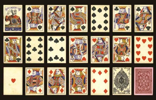 Mauger Euchre Deck, circa 1872, New York, Victor E. Mauger, 33 of 33 cards including the special Mauger joker depicting a popular stage comic of the era. Mauger was born in England and emigrated to the U.S. in 1855 to set up business as an importer of metal goods. Commencing in 1887, Mauger imported playing cards from the Chas. Goodall range. By the early 1870s, Goodall manufactured a special Euchre pack especially for America with a Goodall ace of spades and the unique, multi-colored joker seated before a table, wearing a flesh head cap and depicting a wolf on his breast. By 1873, Mauger was manufacturing his own cards to compliment the Goodall line which he dropped in 1876 due to high import duties. Double-ended courts, no indices, square corners. Ace of spades is ornately engraved with elves and reads, "Goodall, London, New York, initials V E M, and the name Victor E. Mauger, New York." Backs are maroon and pink floral and a geometric pattern within a border. Partial original box. Some minor foxing, otherwise in generally fine condition. Dawson, 17, U19.
