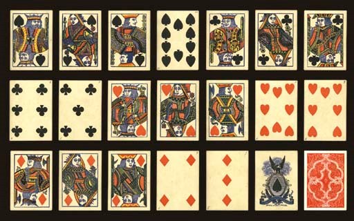 Continental Card Deck, circa 1870, Philadelphia, Continental Card Co., 52 of 52 cards plus one blank. Double-ended courts, no indices, square corners. Ace of spades is printed in black and blue reads, "Continental Card Co., Philadelphia." A previous owner wrote in small letters the number value of each card in the upper right and lower left corners which also indicates the owner was likely a left handed card player. Backs are tooled and hammered scroll work in red. Dawson, 17, U18c.