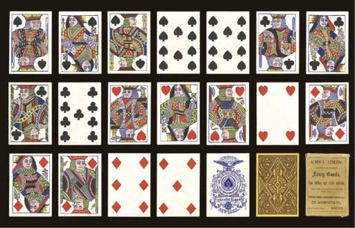 Excelsior Deck, circa 1864, New York, A. Dougherty, 52 of 52 cards plus one blank. Although Dougherty made decks of many grades of quality, this pack is of better quality. Double-ended courts, no indices, square corner. Ace of spades printed in blue reads, "Excelsior, A. Doughtery, 26 Beekman St., Manufacturer New York." Back design of intricate swirls and shapes in brown against yellow. Includes unusual advertising tuck box that reads, "Alvan L. Lovejoy, Importer and Dealer in Fancy Goods, Fine Cutlery and Toilet Articles, Music Boxes, Dressing Cases, Traveling, Bags, Fans, Writing Decks, Backgammon Boards, &c., 229 Washington-St., under Marlboro Hotel, Boston." Cards in generally fine condition, box with some slight wear. Dawson, 69, AD5.