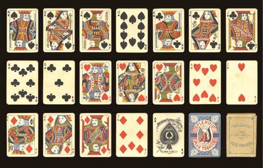 Splendid Plug Tobacco Advertising Deck, circa 1876, New York, American Playing Card Co., 52 of 53 cards (lacks joker). This is one of the first advertising decks with a great, patriotic back and an unusual ace. This is the cheaper version of the same deck with gold edges that was also published by APCC in 1876 and packaged in a sturdy telescope box. The back design reads, SPLENDID PLUG TOBACCO. Use it and You Will Win. P. Lorillard & Co." Complete with tuck box. Double-ended courts, indices, round corners. Cards overall in fine condition, slight creases on a few cards due to quality of cardboard, tuck box has pencil marks. Dawson, 26, L10a.