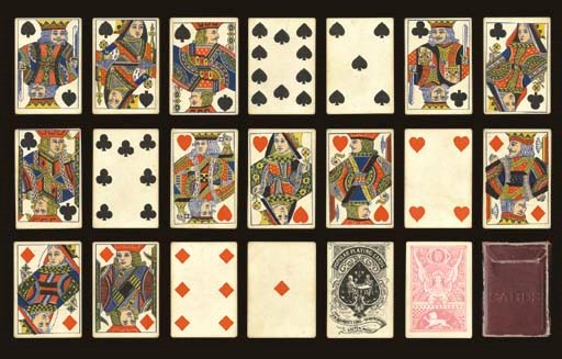 Bufford's Transparent Deck, 1877, J. H. Bufford's Sons, Boston, MA, 52 of 52 cards plus joker (blank face). As the name implies, the cards have a transparent feature, a hidden picture can be seen when the cards are viewed against a bright light. The blank joker reveals the words, "Jolly Joker" and the face of a grinning man, 10 of spades depicts an artist painting at his easel, 8 of spades shows lovers kissing, ace of diamonds shows a man kneeling before a woman and the card reads, "To win hearts, play diamonds." Double-ended courts, no indices, square corners. Unusual back design of owl, winged figure and lion in red. Original box. Cards in generally fine condition, box has flap detached. Dawson, 300, 030.