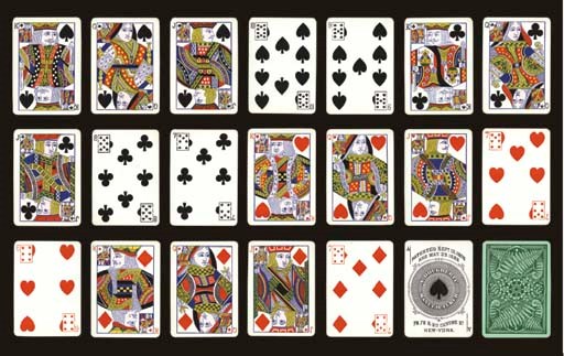 Triplicate Deck, 1883, New York, Andrew Dougherty, 52 of 52 cards. Double-ended courts, indices, round corners. On October 11, 1875, Andrew Dougherty of Brooklyn, NY received U. S. Patent No. 168,626 covering placement of a miniature card at the upper left and lower right of each card that  partially covering the existing suit mark. The following year, Dougherty produced his "Triplicates" deck with a miniature card in the two opposite corners. On September 12, 1876 Robert Chanony of Montpellier (Herault), France received U. S. Patent No. 182,166 which entirely replaced the suit mark at the upper left and lower right of each court card with a miniature card, and also added the suit mark to the right of the court card. On May 29, 1883, Dougherty secured U. S. Patent No. 278,41 which contained three variations to his 1875 patent. Dougherty placed in the margin and to the left of each miniature card, a single colored letter or number which indicated the value of the card and simultaneously served the same purpose as a "squeezers" deck. Dougherty also removed the underlying suit marks from the court cards and placed the suit mark to the right of the court card, as described in Chanony patent. Additionally, Dougherty placed on the left border of each miniature card, and to the right of the "A"on the ace of spades, a vertical line which indicated the suit. A continuous line indicated diamonds, a line broken at one place indicated hearts, a line broken at two places indicated spades, and three line breaks indicated clubs. These line breaks are used in Spanish playing cards. Thus, Spanish card players unfamiliar with French suit signs would easily recognize the suit. Cards in generally fine condition, With leather case, not original. Dawson, 71, AD13.