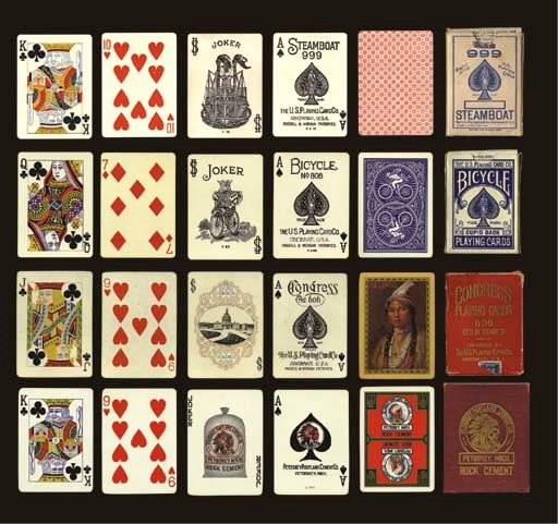 Collection of 4 decks: Steamboat 999 Deck, circa 1912, Cincinnati, The U.S. Playing Card Co./Russell & Morgan Factories, 52 of 52 cards plus joker. Steamboat No. 999 was the first new brand added to the original Russell & Morgan line. It was introduced in 1883 and was the cheapest deck they offered for sale in order to meet competition as other playing card manufacturers had a "Steamboat" brand. Double-ended courts, indices, round corners, the joker depicts a steamboat. Backs are snowflakes in diagonal grid in red. Includes tuck box. Dawson, 88, US7c. Box with some wear. -- Bicycle No. 808, circa 1915, Cincinnati, The U.S. Playing Card Co./Russell & Morgan Factories, 52 of 52 cards plus joker and two extra cards. This deck has the most common of the early aces used on the Bicycle brand. Double-ended courts, indices, round corners, the joker depicts king wearing a crown and riding a bicycle. Backs have attractive design of a double-ended cupid riding a bicycle. Includes tuck box. Tuck box slightly worn. Dawson, 90, US8c.  -- Congress No. 606, circa 1909, Cincinnati, The U.S. Playing Card Co.Russell & Morgan Factories, 52 of 52 cards plus joker. This ace of spades was used from 1899 to 1922 and was fairly common. Double-ended courts, indices, round corners, the joker depicts a picture of the Capital and is full gold edged. Backs are full color portrait of Pocahontas within gold border. Two piece top slide red box with remains of tax stamp, Act of 1894 (valid 1894-1917). Box is worn. Dawson, 87, US6f. -- Advertising Deck, circa 1920, Petoskey, MI, Petoskey Portland Cement Co., 52 of 52 cards plus joker and extra card. Double-ended courts, indices, round corners, full gilt edges. Ace of spades depicts company logo, joker depicts bag of Petoskey Rock Cement with Indian logo. Backs are double-ended Petoskey logo with Indian against red background and gold borders. Box with gold stamping is slightly worn. Dawson, 201, AB11.